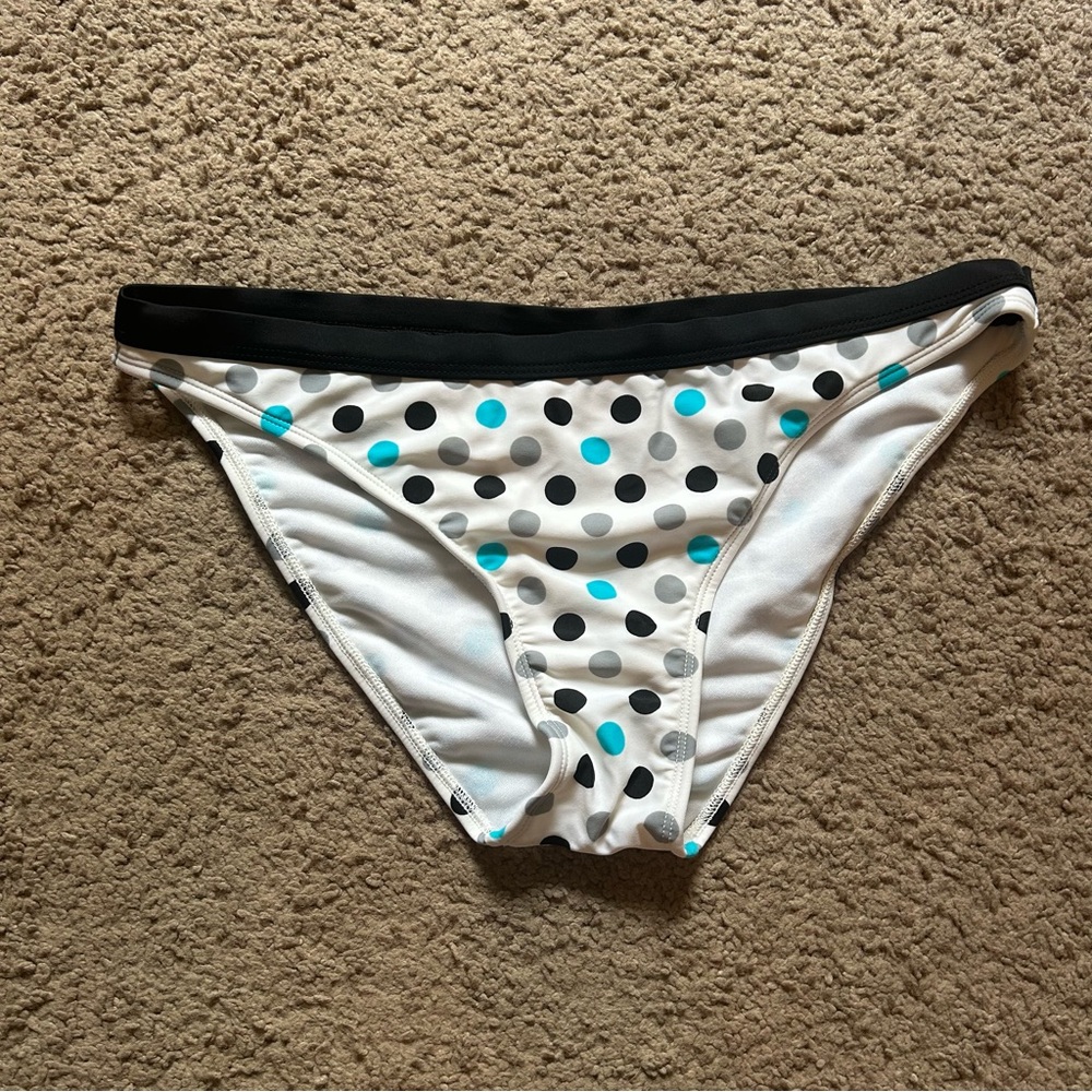 NWOT Women's White Polka Dot Bikini Bottom Black Blue with Black Waistband Large